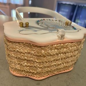 Rare mid century Ceslie of Miami  wooden, rattan and acrylic Peacock bag